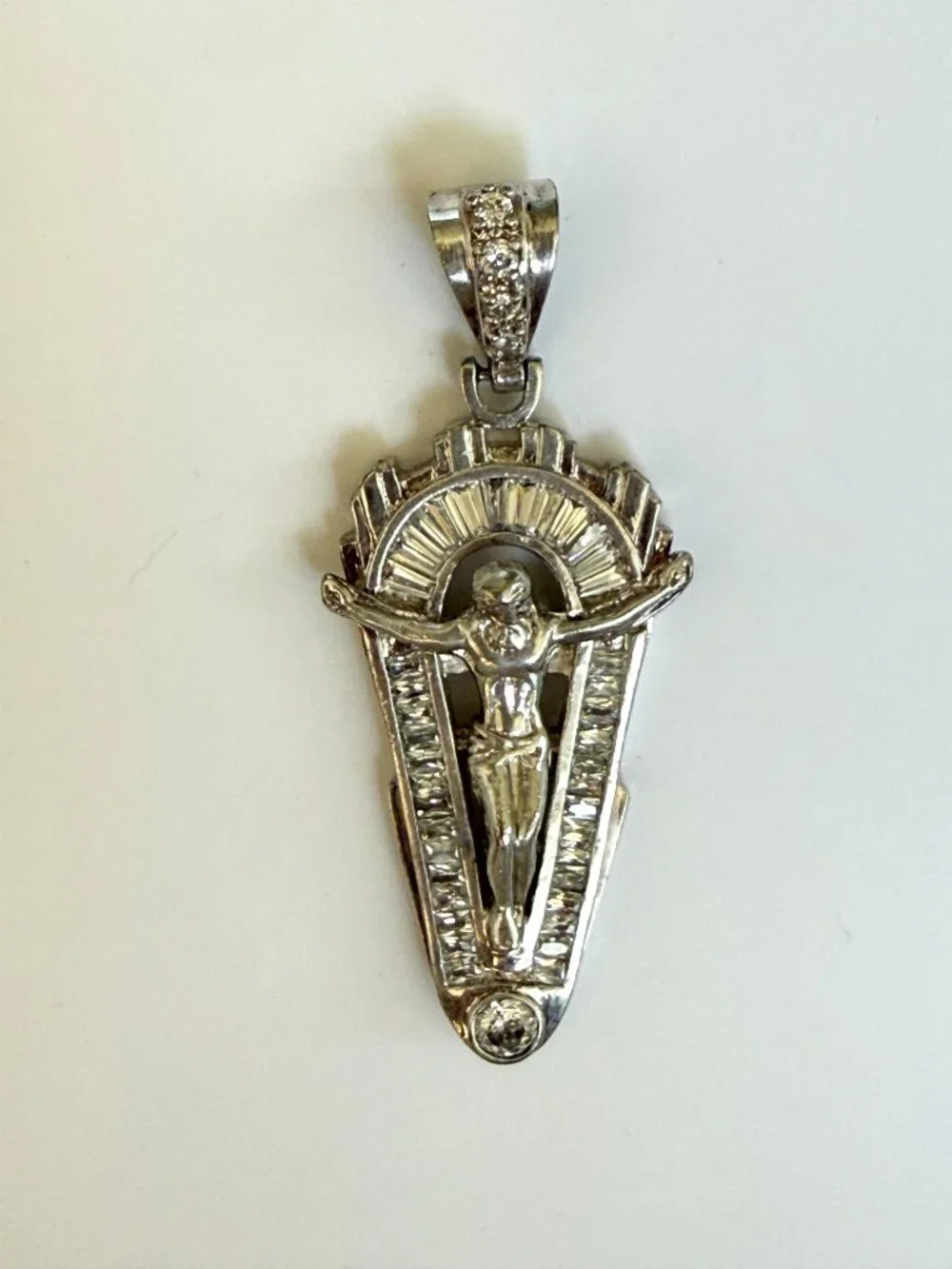 Vintage Large 925 Sterling Silver Jesus Crucifix Cross Pendant CZ Baguette